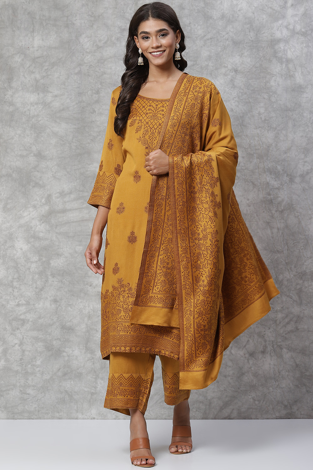 Mustard Jacquard Straight Kurta image number 0